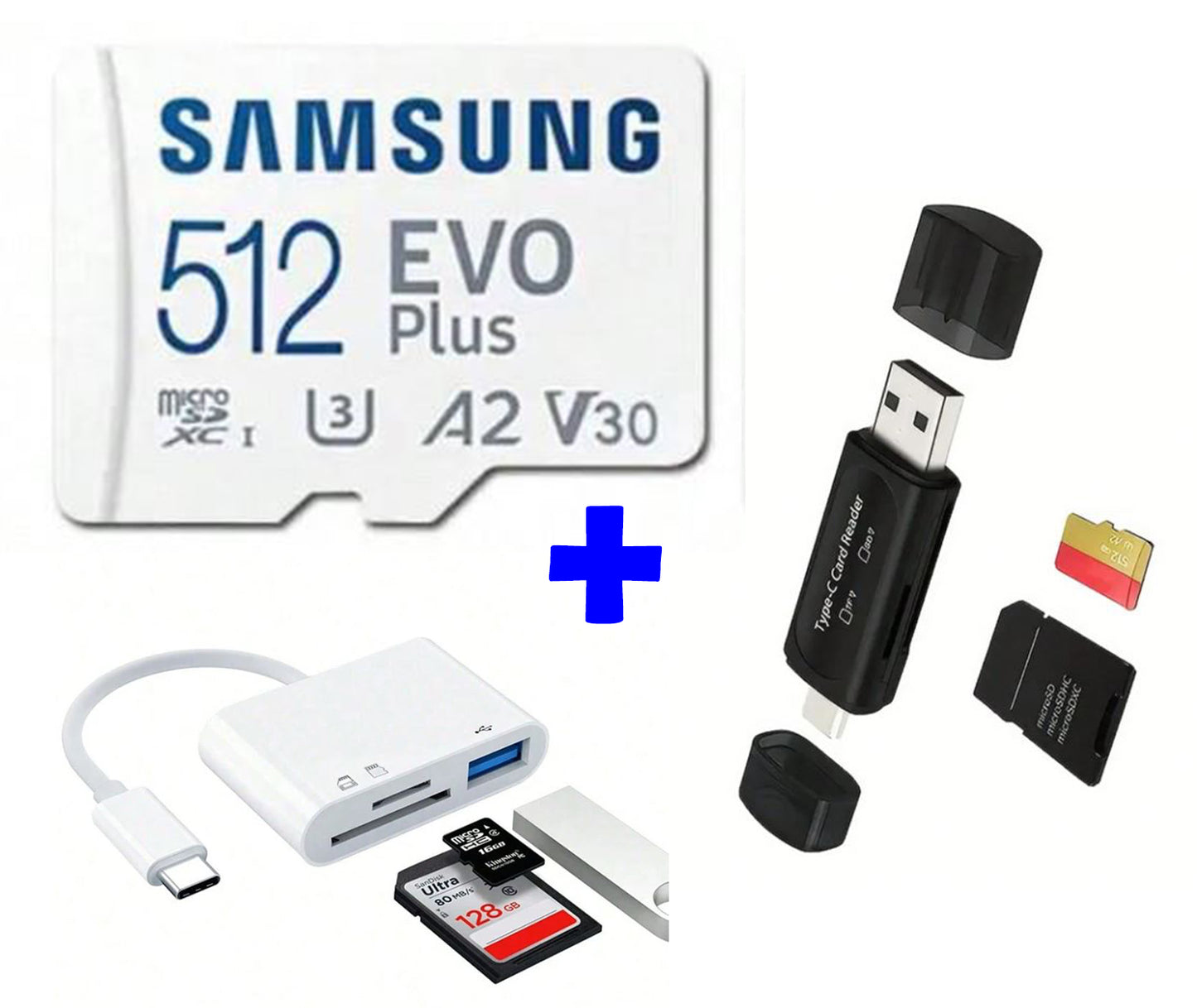 Samsung 512GB EVO Plus Bundle: V30 microSDXC Card for 4K Video + USB-C Readers