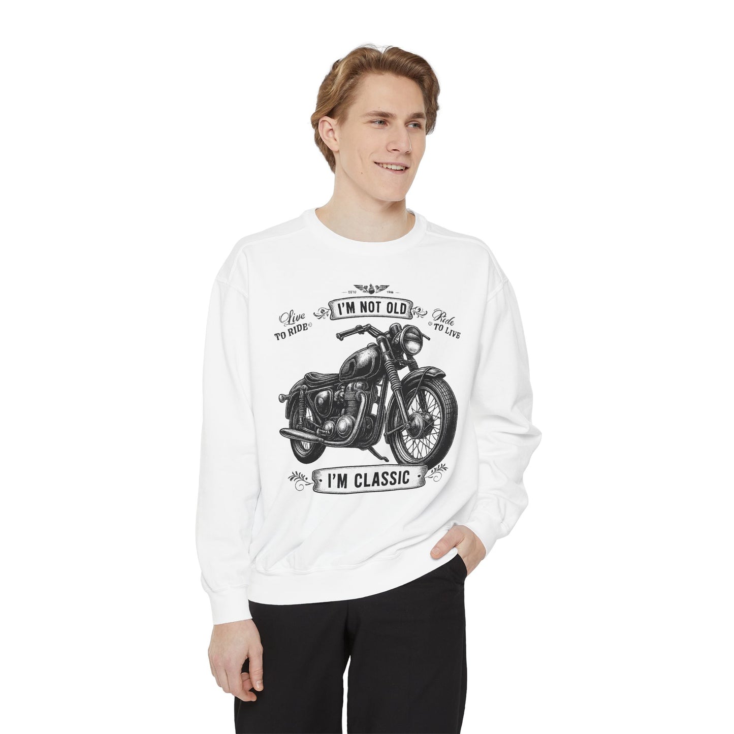Classic Motorcycle Sweatshirt - Unisex Garment-Dyed Pullover, Perfect Gift for Bikers, Vintage Enthusiasts, Father's Day, Casual Style
