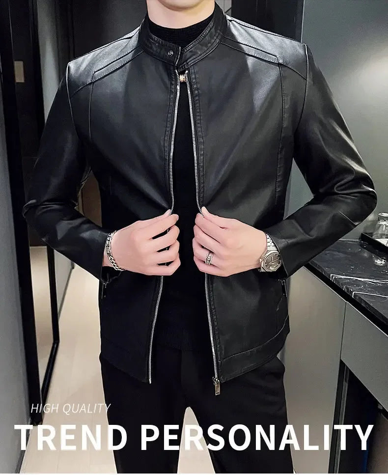Casual Style Men's Biker Leather Jacket Slim Fit Youth Korean Version Outerwear Fake Leather Mixed Leather Coat for Men