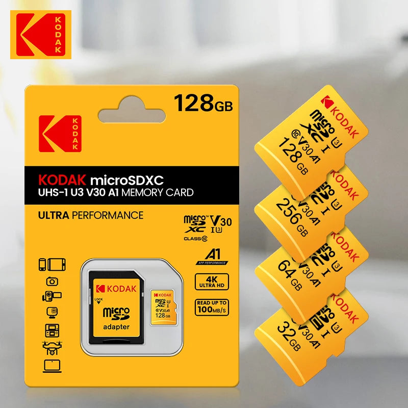 New KODAK Micro SD card 128GB Flash Memory Card microsd  256GB U3 TF Card 4K Class 10 MicroSD Card U3 UHS-I Card + sd adapter