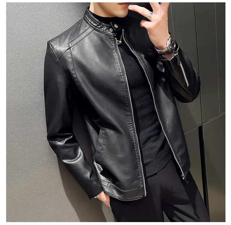 Casual Style Men's Biker Leather Jacket Slim Fit Youth Korean Version Outerwear Fake Leather Mixed Leather Coat for Men