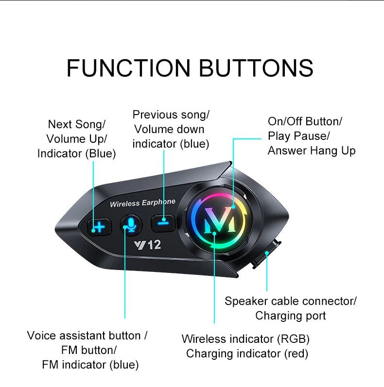 Y12 Helmet Bluetooth Headset Fm Radio Stereo High Definition Sound Effect Rgb Lighting Bt5.4 Automatic Answer One Drag Two