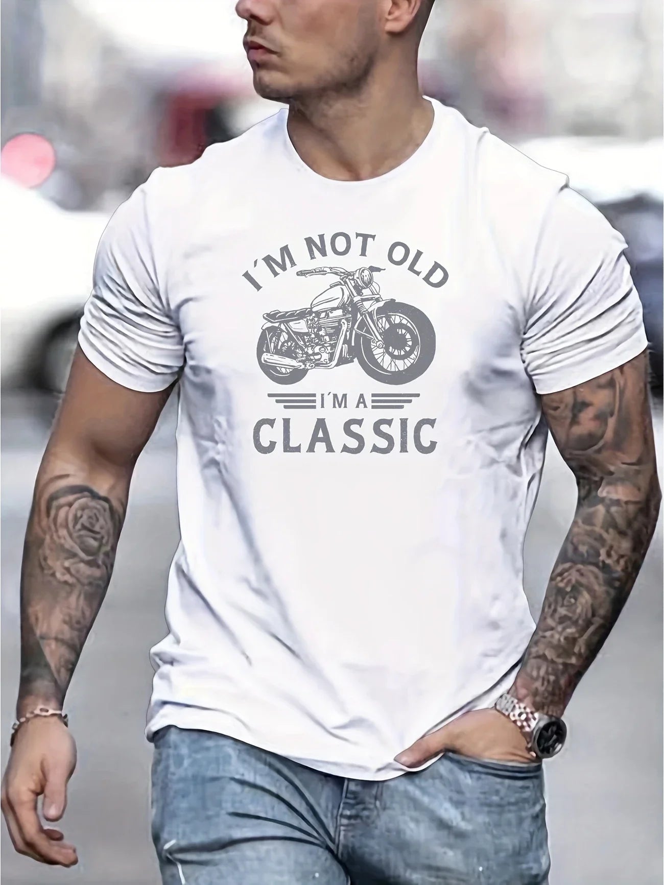 Summer casual men's retro motorcycle pattern "I'm not old, I'm classic" printed short sleeved round neck T-shirt, Father's Day g