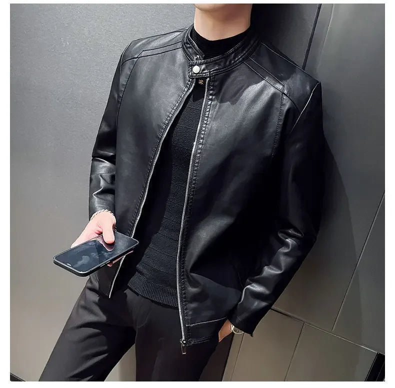 Casual Style Men's Biker Leather Jacket Slim Fit Youth Korean Version Outerwear Fake Leather Mixed Leather Coat for Men