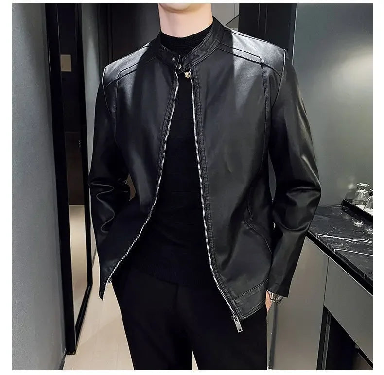 Casual Style Men's Biker Leather Jacket Slim Fit Youth Korean Version Outerwear Fake Leather Mixed Leather Coat for Men