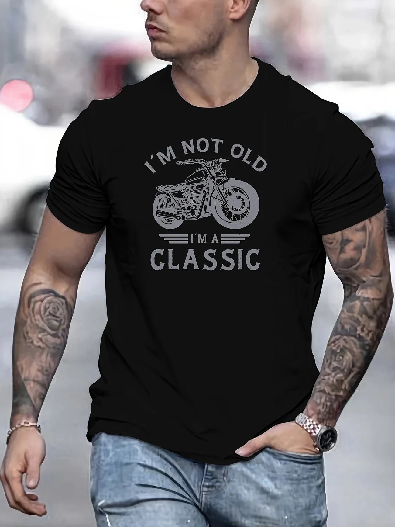 Summer casual men's retro motorcycle pattern "I'm not old, I'm classic" printed short sleeved round neck T-shirt, Father's Day g