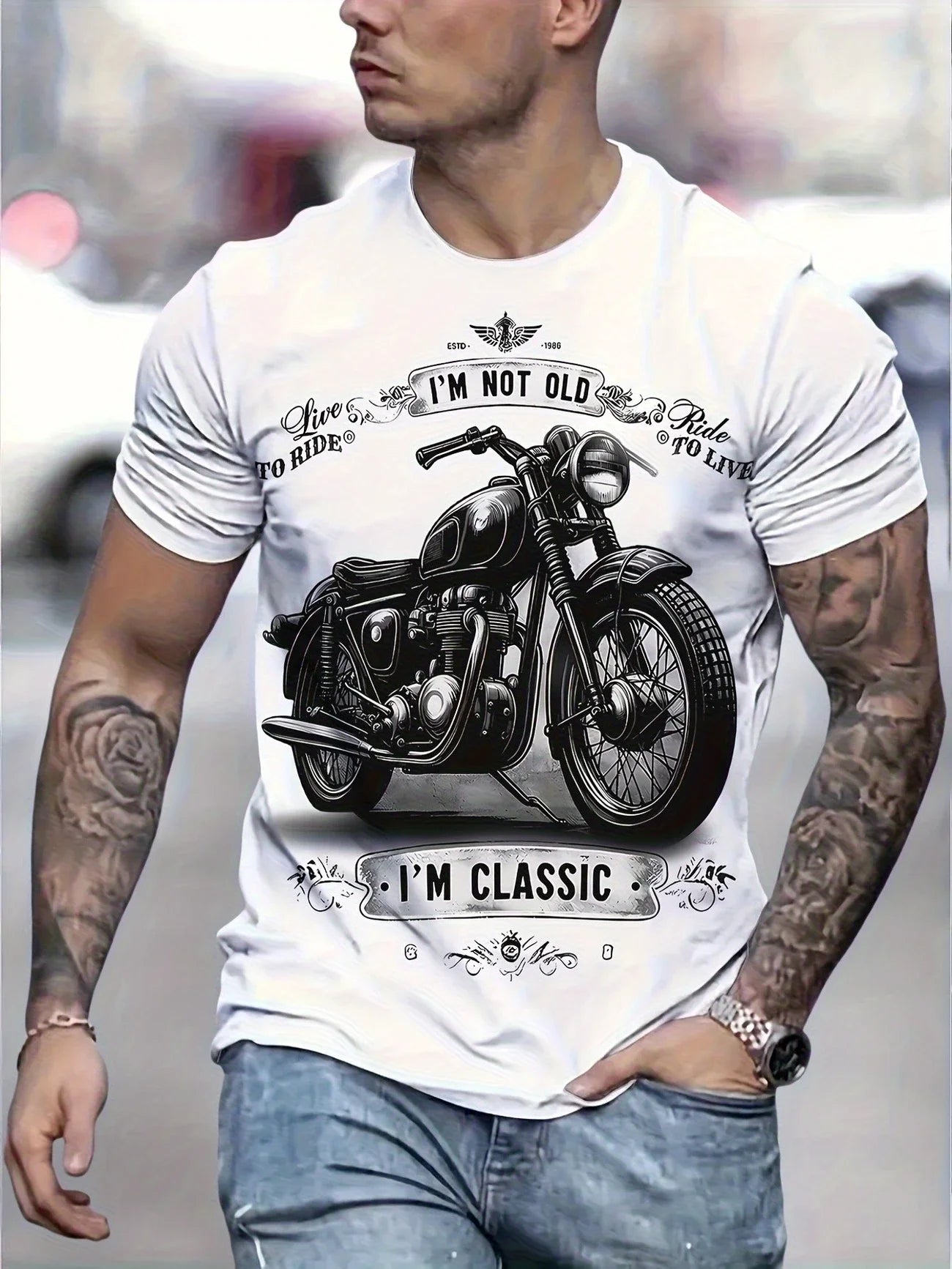 Summer casual men's retro motorcycle pattern "I'm not old, I'm classic" printed short sleeved round neck T-shirt, Father's Day g