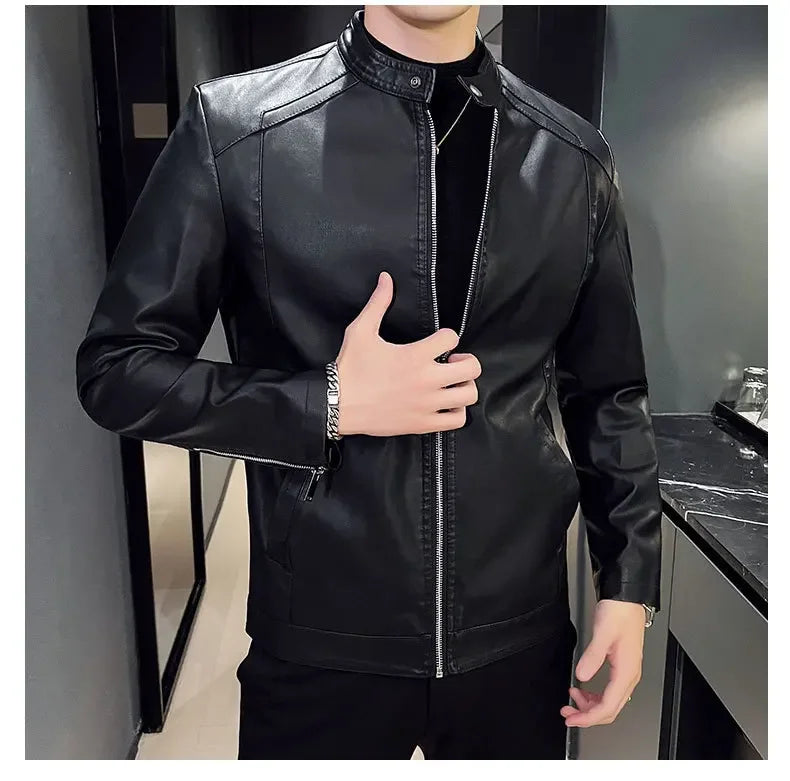 Casual Style Men's Biker Leather Jacket Slim Fit Youth Korean Version Outerwear Fake Leather Mixed Leather Coat for Men