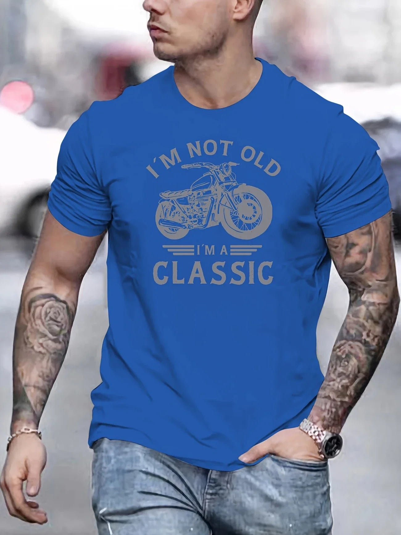 Summer casual men's retro motorcycle pattern "I'm not old, I'm classic" printed short sleeved round neck T-shirt, Father's Day g