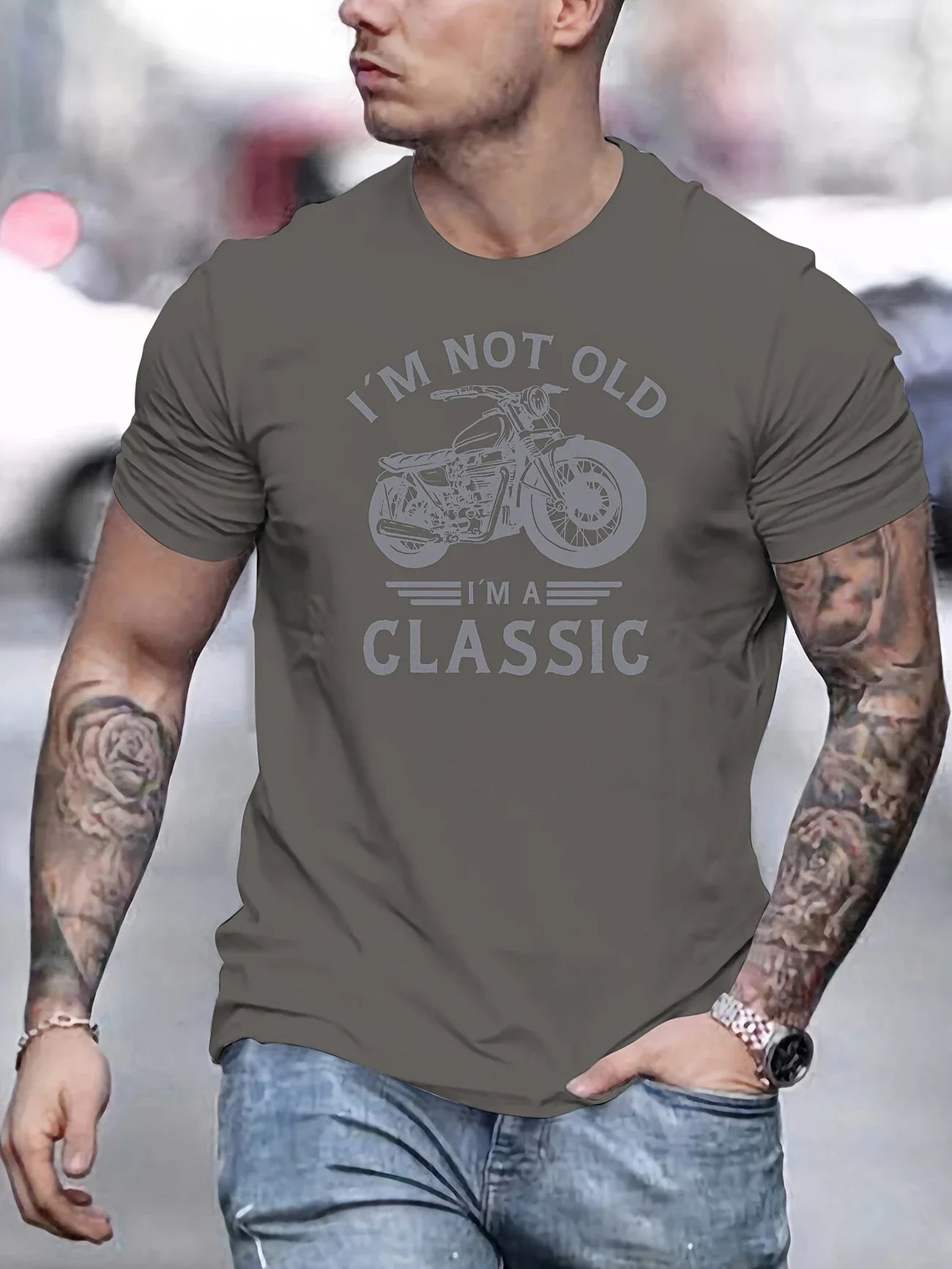 Summer casual men's retro motorcycle pattern "I'm not old, I'm classic" printed short sleeved round neck T-shirt, Father's Day g