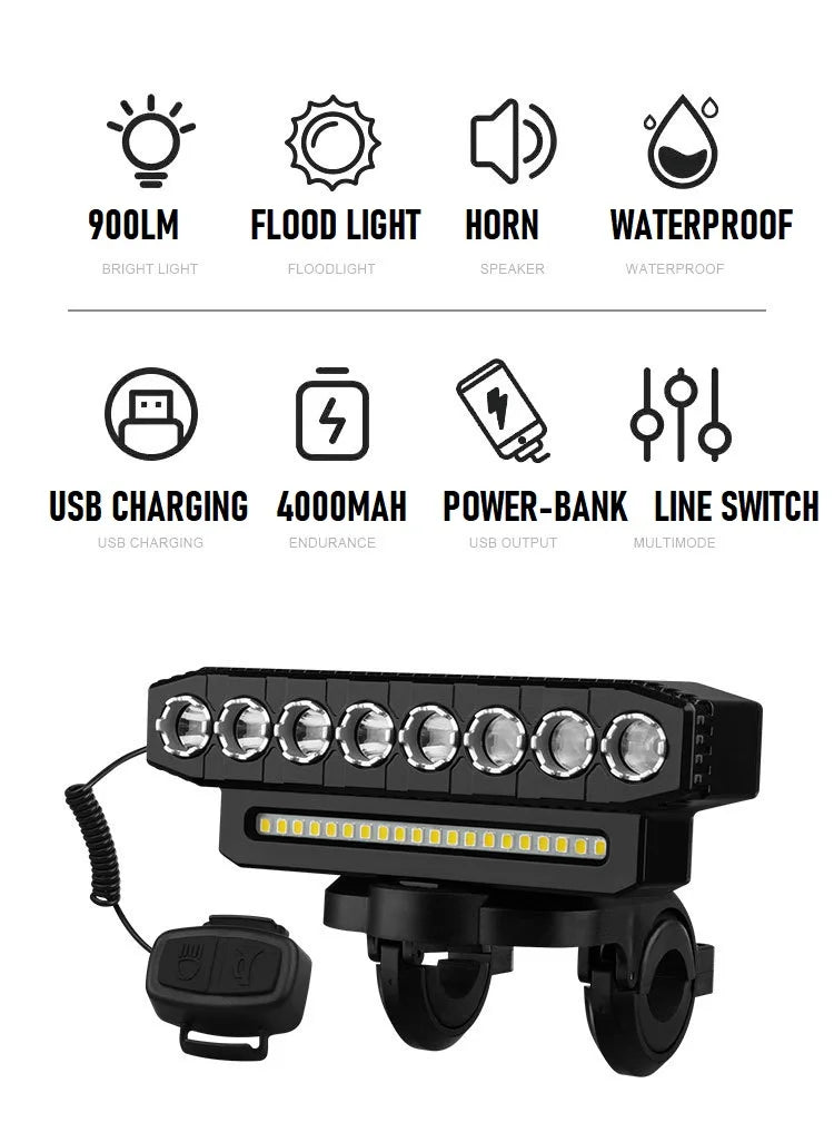 High Brightness 4000 mAh USB Charging Bike Front Floodlight with Horn Speaker Bell MTB Road Bike Light