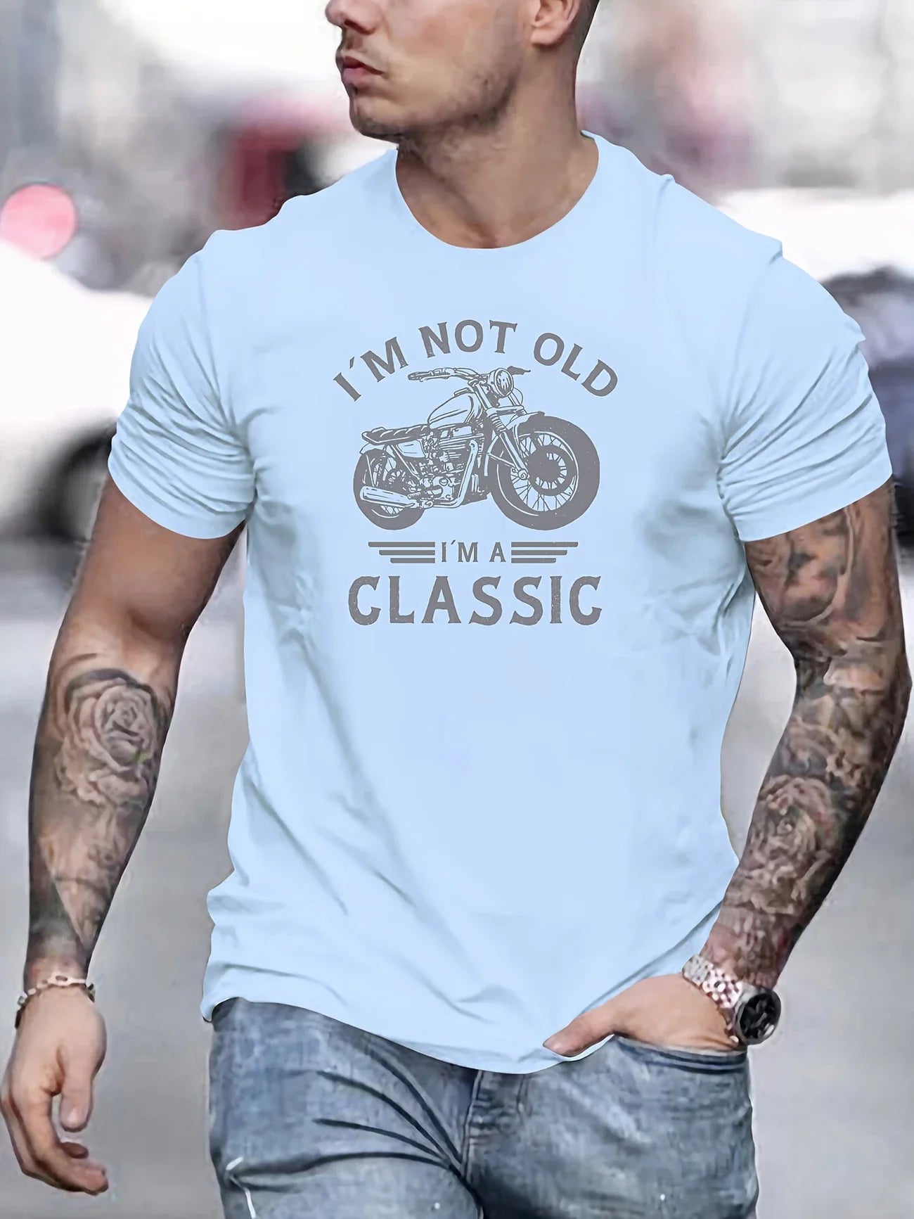 Summer casual men's retro motorcycle pattern "I'm not old, I'm classic" printed short sleeved round neck T-shirt, Father's Day g