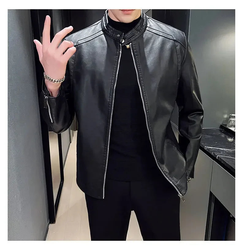 Casual Style Men's Biker Leather Jacket Slim Fit Youth Korean Version Outerwear Fake Leather Mixed Leather Coat for Men