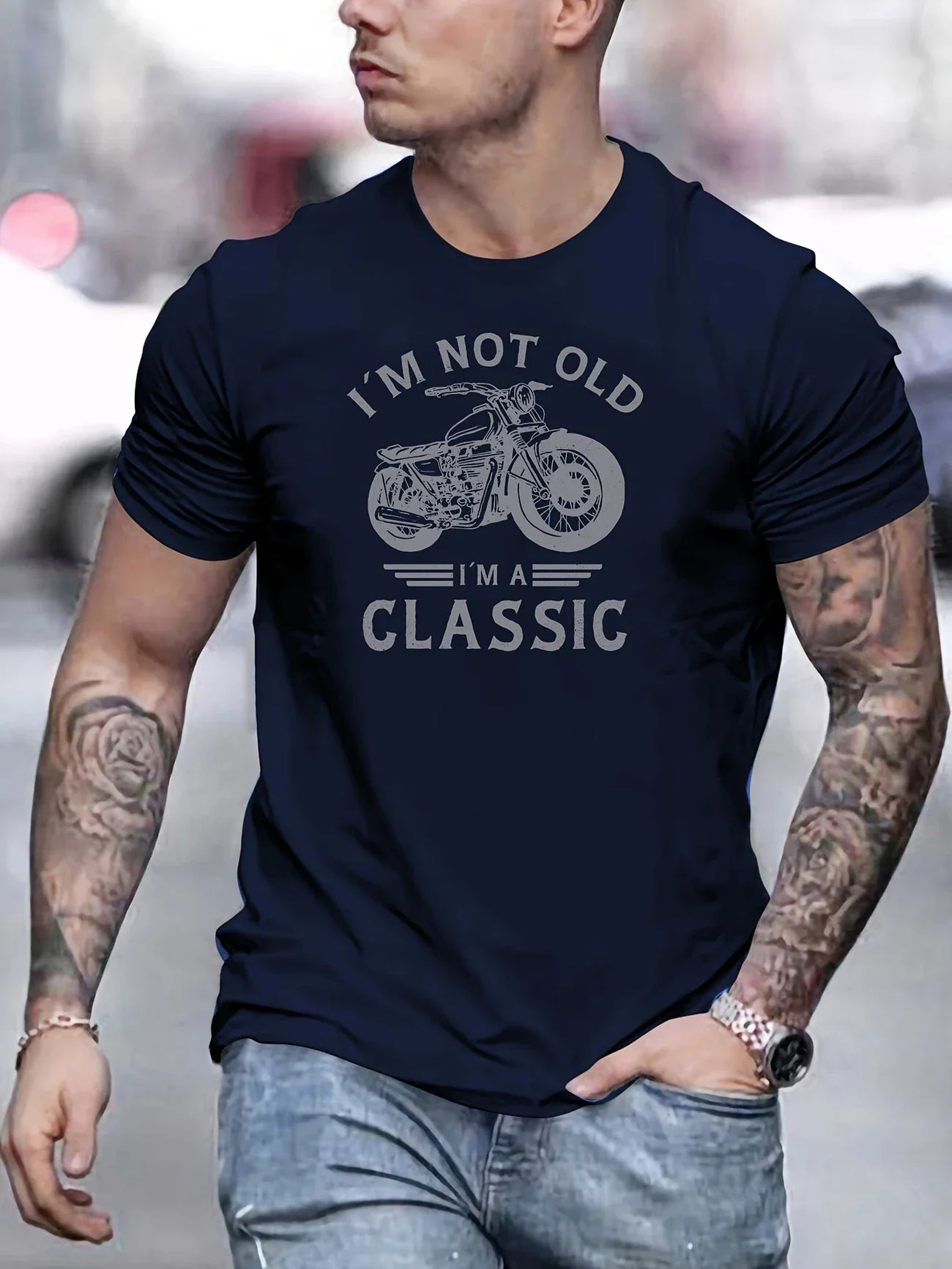 Summer casual men's retro motorcycle pattern "I'm not old, I'm classic" printed short sleeved round neck T-shirt, Father's Day g