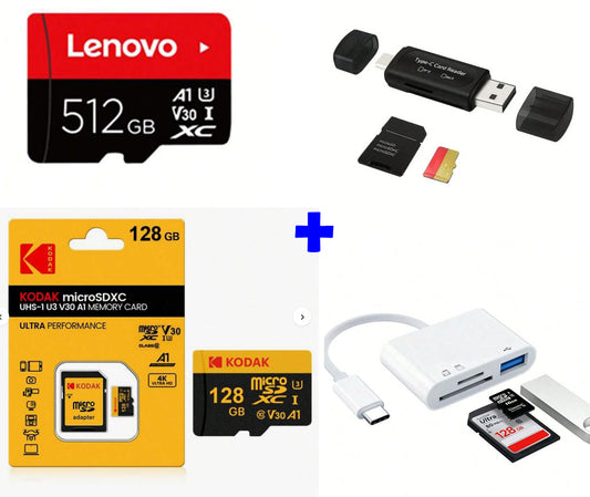 High-Performance Memory Card Bundle: 512GB Lenovo + 128GB Kodak (V30) + 2 Readers
