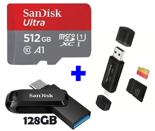SanDisk Bundle: 512GB Ultra microSD Card + 128GB Dual USB-C Flash Drive + Reader